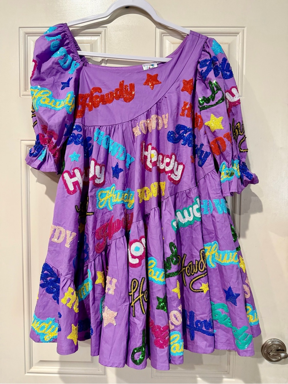 QUEEN OF SPARKLES Purple Embroidered 'Howdy' Multicolor Sequin Dress Size XS